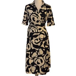 H&M Black Ivory Abstract Wrap Dress Short Sleeve US 10